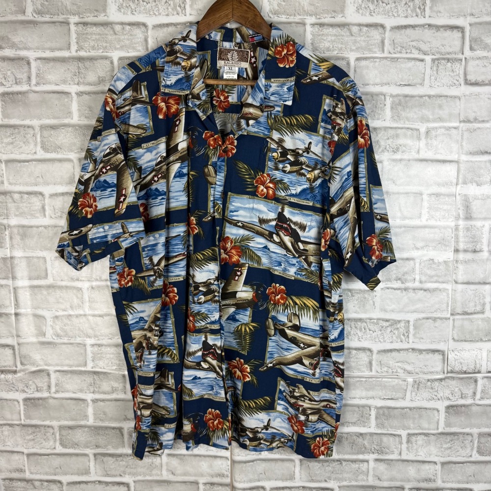 Kalaheo Men XL Hawaiian Shirt WWII Fighter Planes P-51 Mustang P-38 Warhawk Navy